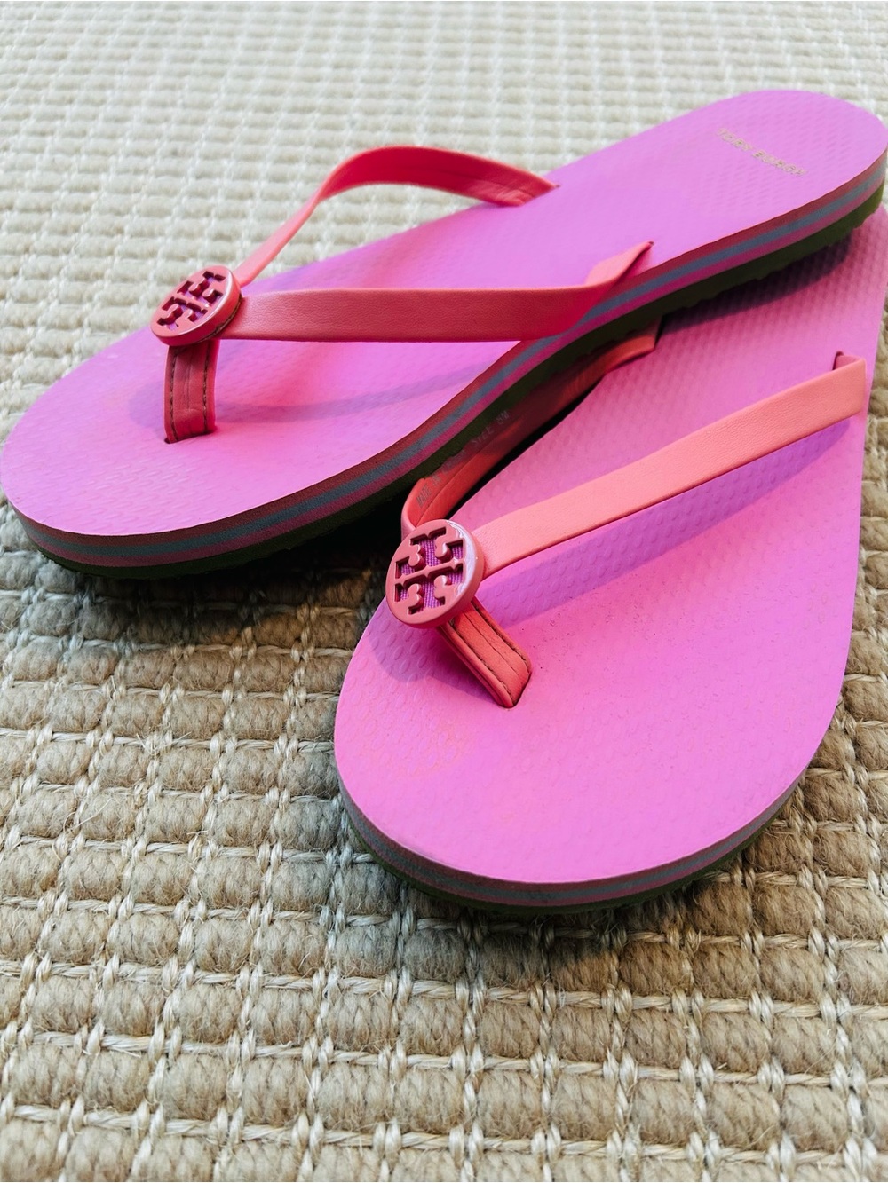 Tory Burch Pink Flip Flop Sandals with stripe bottom - size 8 in good condition